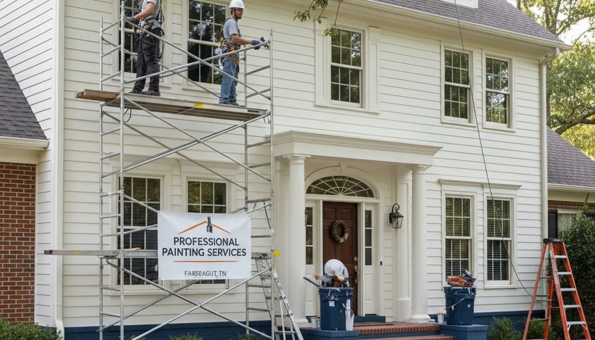 Painting contractors in Knoxville, TN preparing a residential exterior for painting